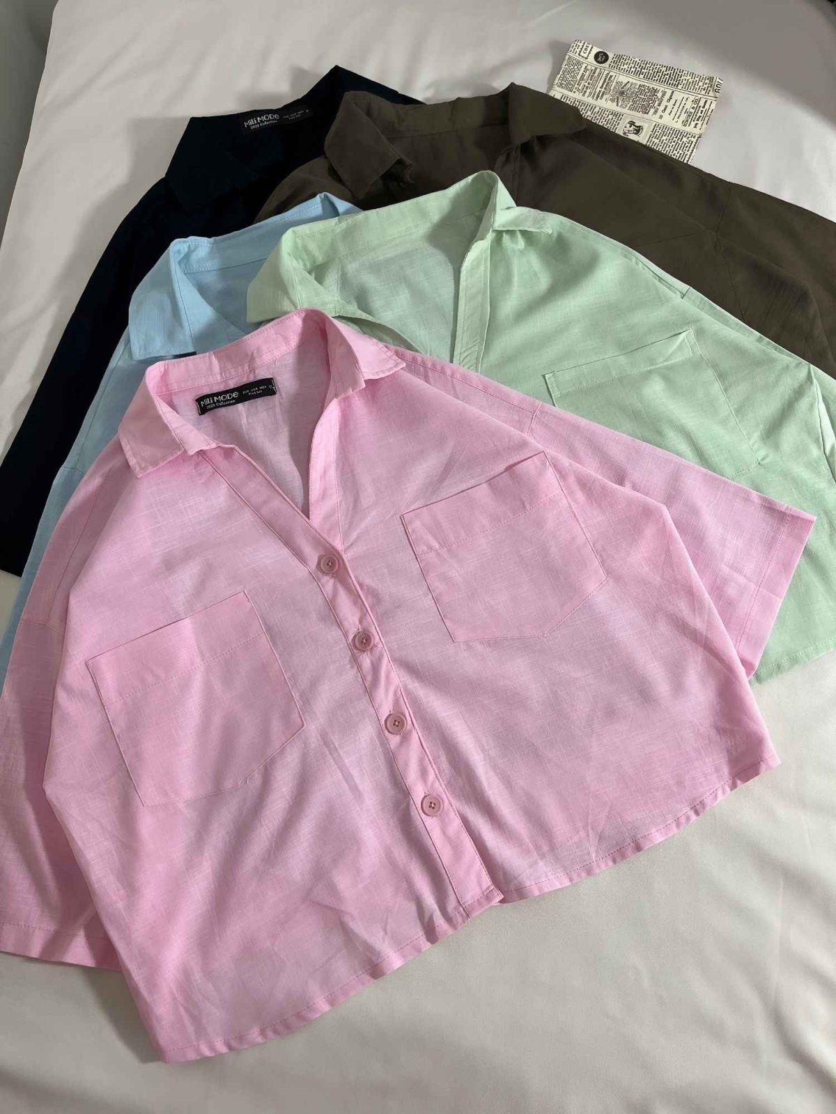 شومیز یقه هفت دوجیب کوتاه لینن اسلپ م(3253) - Image 2